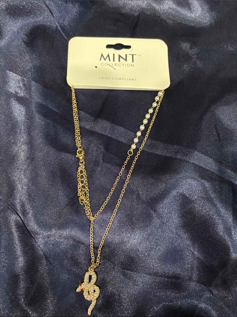 Mint Gold Tone Layered Necklace with Rhinestone Snake and Red Accent